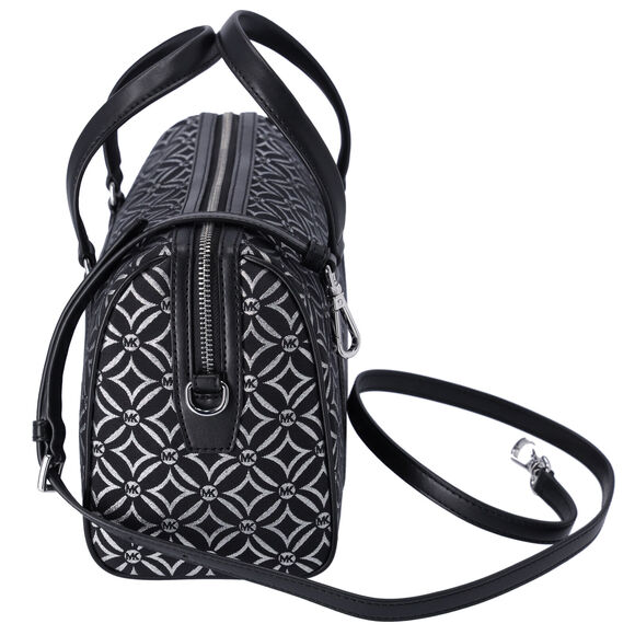 Michael Kors Jet Set Medium Duffle Bag Black Silver Logo Silver Metallic - Picture 2 of 4